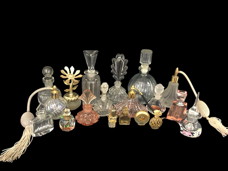 Vintage Perfume Bottle Collection LOT Gucci, Pablo Picasso, Waterford, Etc. Pink Glass Crystal Daubers Glam Vanity Décor image 4