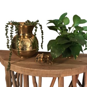 May include: A brass planter with a leafy green plant inside, sitting on a wooden table with a unique branch-like design.