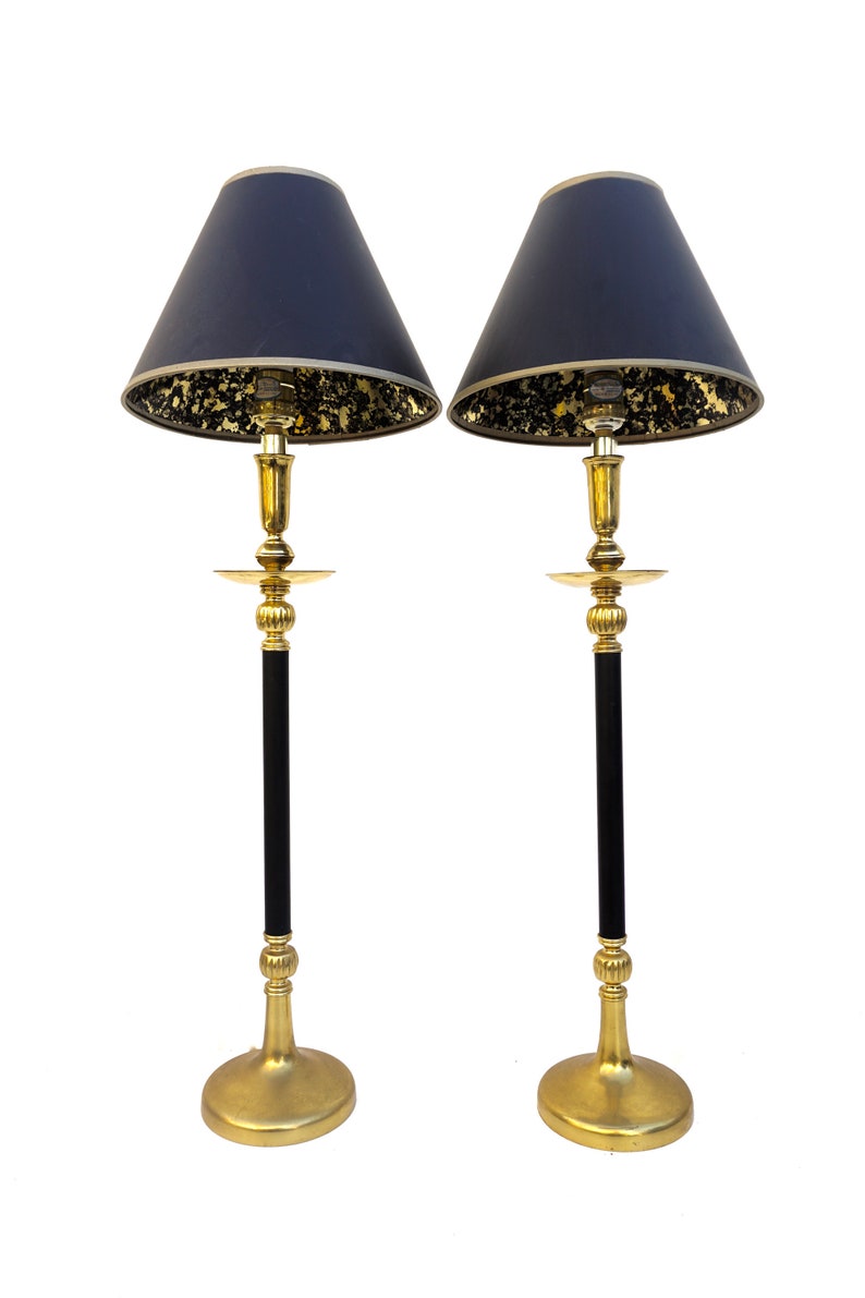 Pair Of Vintage Black Gold Buffet Lamps W Shades Brass Metal Tall Slender Accent Chic Mid Century Lighting