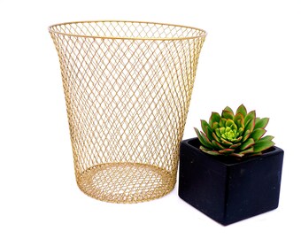 GOLD! Metal Diamond Mesh Wastebasket | Industrial Wire Trash Can | Planter || Bedroom Bathroom Office Decor