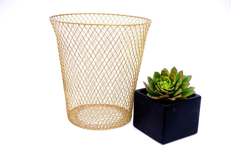 Gold Metal Diamond Mesh Wastebasket Industrial Wire Trash Image 0