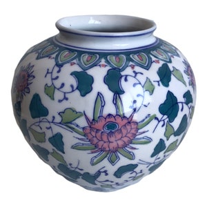 Vintage Chinese Porcelain Vase Pink, Blue, Green, & White Handpainted Floral Designs Ovoid Shaped Planter Vase Jar image 2