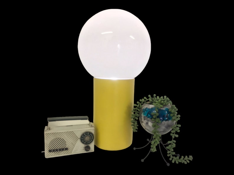 Large Bauhaus Yellow Base Globe Table Lamp Mid-Century Modernist Uplight Space Age Color Pop/ Eames Era Can Lamp Glass Globe image 3