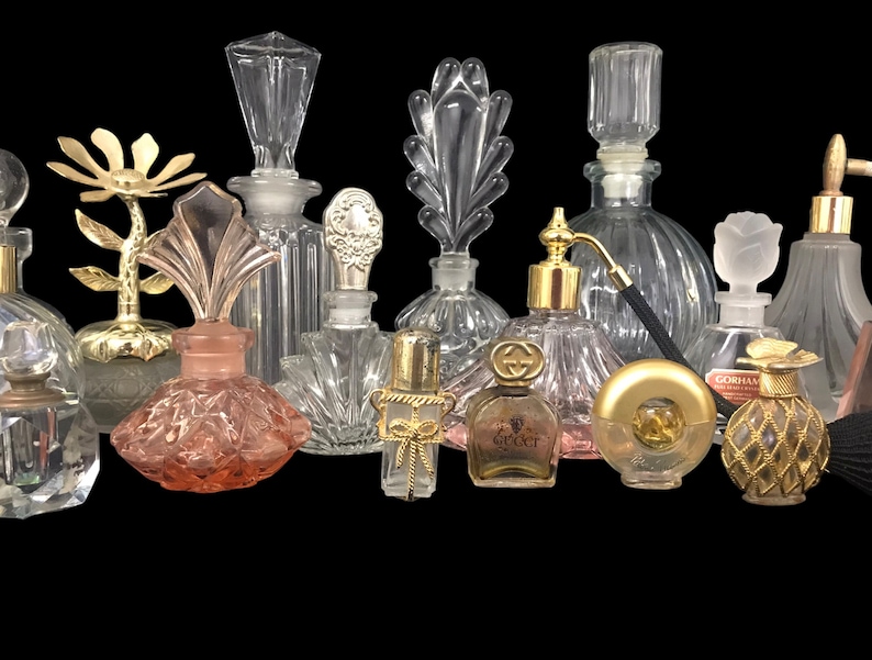 Vintage Perfume Bottle Collection LOT Gucci, Pablo Picasso, Waterford, Etc. Pink Glass Crystal Daubers Glam Vanity Décor image 5