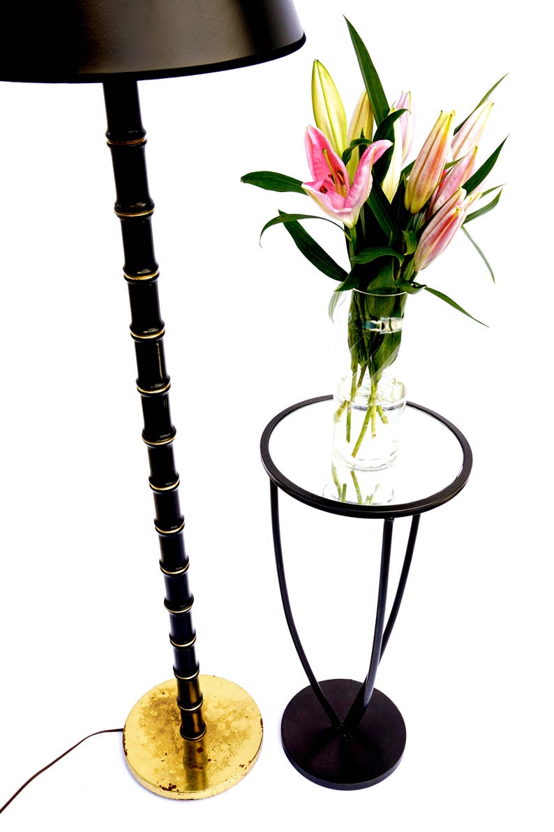 |\u2022 Vintage Faux Bamboo Floor Lamp Black /& Gold Chinoiserie Chic Lighting SALE