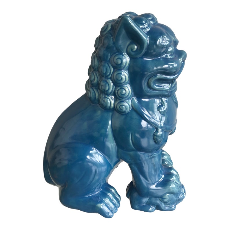 13x11 Vintage Blue Porcelain Foo Dog Statue Guardian Shishi Female Lion Figurine Chinoiserie Chic Home Dècor image 2