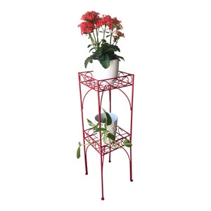 Vtg Mid-Century Red Metal 2-Tier Plant Stand Color Pop Garden Decor Corner Display Stand Retro Storage Stand image 6