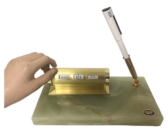 Vintage Genuine Onyx & Gold Perpetual Calendar + Pen Caddy | Mid-Century Desk Top Self Adjusting Month/Day/Date Calendar | MCM Office Decor