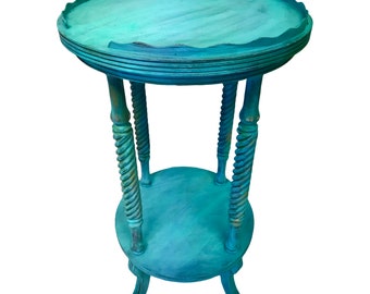 Vintage 2-Tier Parlor Table | Turquoise BoHo CoLoR POP Pie Crust Plant Stand | Antique Revival Accent Table | Park Furniture Co.