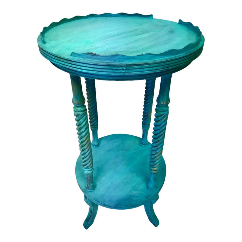 Vintage 2-Tier Parlor Table Turquoise BoHo CoLoR POP Pie Crust Plant Stand Antique Revival Accent Table Park Furniture Co. image 1