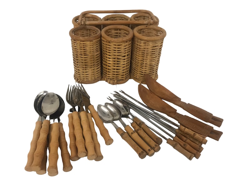 Vintage Bamboo Silverware & Caddy Set 25 Pieces Made in Japan Mid-Century Tiki Serving Set image 2