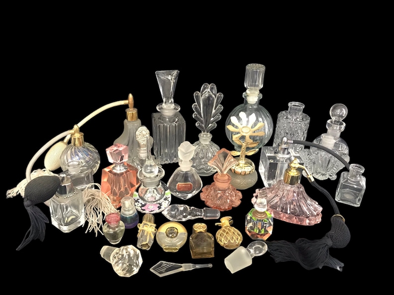 Vintage Perfume Bottle Collection LOT Gucci, Pablo Picasso, Waterford, Etc. Pink Glass Crystal Daubers Glam Vanity Décor image 1