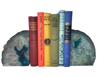 SOLD •• Vintage Teal Brazilian Agate Bookends || 8 LBS. 8 OZ. Cut & Polished Genuine Agate | Large Geode Wedges Chic Color Pop Boho Decor