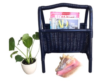 Vintage Navy Blue Rattan Magazine Rack || Chinoiserie Chic | Beach House | Modern | Traditional | Color Pop Decor