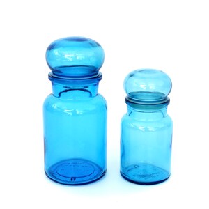 9 & 7 Vintage Turquoise Glass Apothecary / Pharmacy Jars A PAIR Air Tight Bubble Lids Made in Belgium Cool Multifunctional Decor image 2