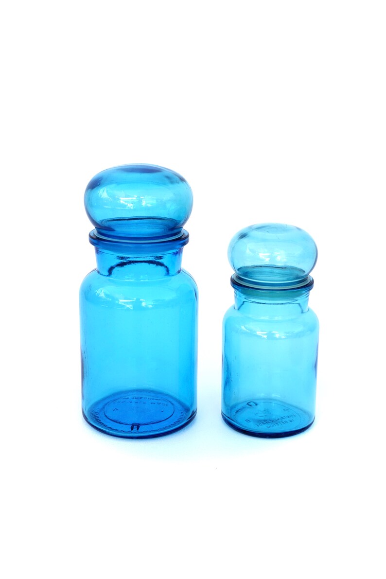 9 & 7 Vintage Turquoise Glass Apothecary / Pharmacy Jars A PAIR Air Tight Bubble Lids Made in Belgium Cool Multifunctional Decor image 2