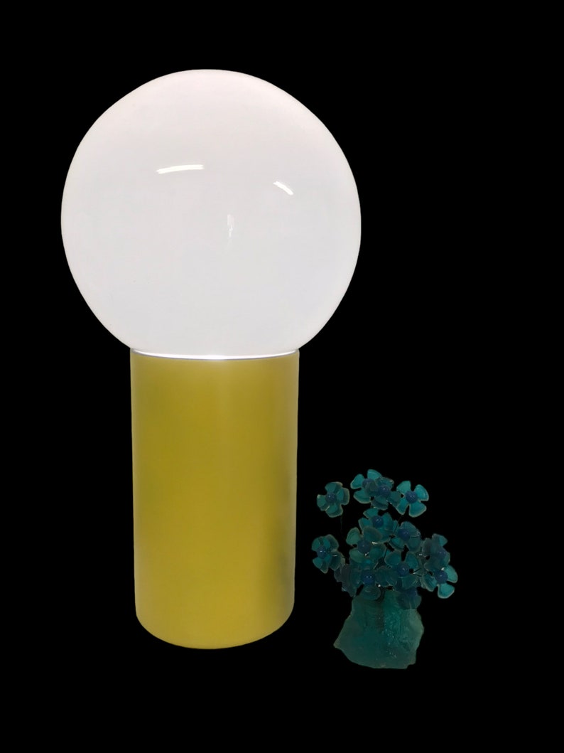 Large Bauhaus Yellow Base Globe Table Lamp Mid-Century Modernist Uplight Space Age Color Pop/ Eames Era Can Lamp Glass Globe image 7