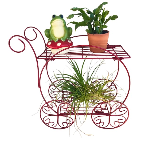 Vtg Mid-Century 2-Tier Red Metal Plant Stand | Whimsical Garden Cart | Unique Host/Party Display