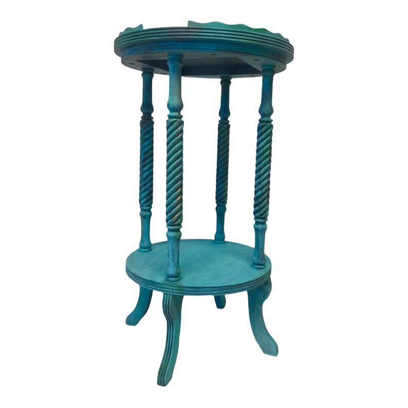 Vintage 2-Tier Parlor Table Turquoise BoHo CoLoR POP Pie Crust Plant Stand Antique Revival Accent Table Park Furniture Co. image 3