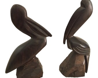 Vintage Hand Carved Wood Pelican Figurine || Mid-Century 9.5” Ironwood Sea Bird Statue || Beach House Nautical Décor