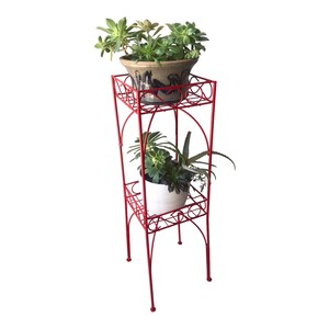 Vtg Mid-Century Red Metal 2-Tier Plant Stand Color Pop Garden Decor Corner Display Stand Retro Storage Stand image 1