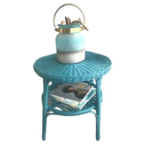 Vintage Blue Rattan & Wicker Circular Side Table | Two-Tier Boho Tropical Chic Accent Table