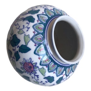 Vintage Chinese Porcelain Vase Pink, Blue, Green, & White Handpainted Floral Designs Ovoid Shaped Planter Vase Jar image 4