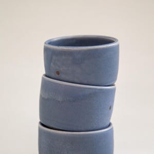 May include: Three stacked, cylindrical ceramic bowls in a muted blue hue. The bowls have a slightly textured surface and a smooth, rounded rim. Each bowl has a small, dark brown dot on the side. The bowls are stacked on top of each other.