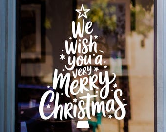 We Wish You a Merry Christmas Tree Window Decal, Festive Vinyl Sticker, Shop Window Decoration