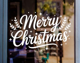 Merry Christmas Window Sticker | Christmas Star Floral Vinyl Decal | Festive Window Decor