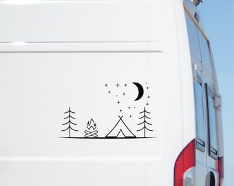 May include: Black and white line art decal of a tent, campfire, trees, and a crescent moon with stars on a white van.