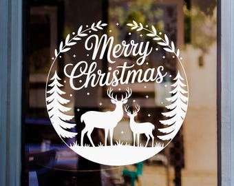 Merry Christmas Wreath Decal, Reindeer Shop Window Sticker, Festive Vinyl Decoration