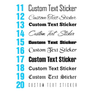 May include: A white background with a blue vertical number line from 11 to 20. Each number is followed by the text "Custom Text Sticker" in a variety of fonts and styles.
