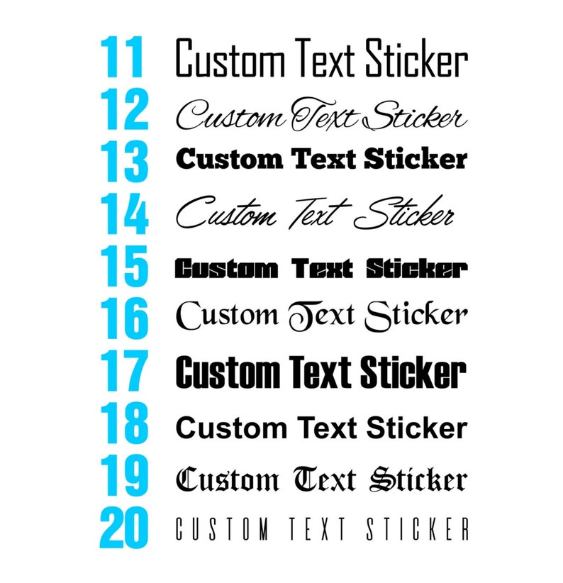 May include: A white background with a blue vertical number line from 11 to 20. Each number is followed by the text "Custom Text Sticker" in a variety of fonts and styles.