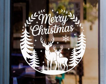 Merry Christmas Wreath Decal, Reindeer Shop Window Sticker, Festive Vinyl Decoration