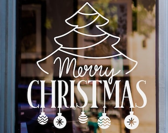 Merry Christmas Tree Window Decal, Christmas Tree Vinyl Sticker, Festive Shop Window Decoration