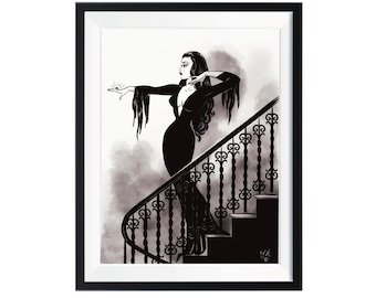 May include: A black and white illustration of a woman in a long black dress standing on a staircase with an ornate railing. The woman is holding a small object in her hand and her hair is long and flowing.