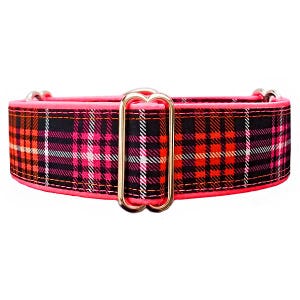Neon Pink, Orange, White and Black plaid adjustable martingale dog collar. Greyhound, whippet, sighthound collar! Unfrogettable!