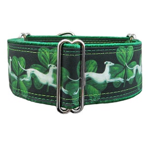 Jane Walker, Hounds & Shamrocks adjustable martingale dog collar, greyhound, whippet, lurcher, collar, satin lining.  Unfrogettable!