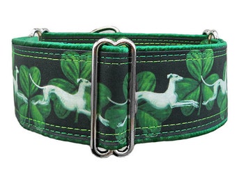 Jane Walker, Hounds & Shamrocks adjustable martingale dog collar, greyhound, whippet, lurcher, collar, satin lining.  Unfrogettable!