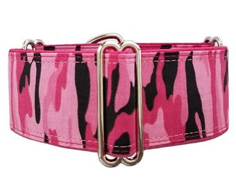 Pink Camo martingale dog collar. Greyhound collar,  whippet collar, large dog collar, pink camouflage. Unfrogettable!
