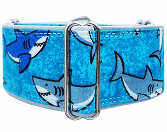 Sharks!  Adjustable martingale dog collar, greyhound, whippet, doberman . Made to order!