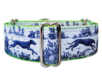 Jane Walker, Sighthound Toile satin lined martingale dog collar. Greyhound, lurcher, whippet, galgo collar. Unfrogettable!