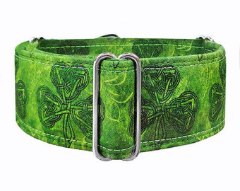 Celtic Clovers. Unfrogettable! 2" wide martingale dog collar. Greyhound, whippet, galgo,  sighthound collar.  Out of Print!!