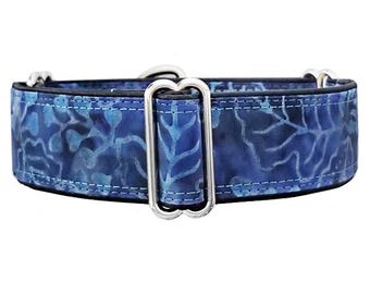 Blue Batik Martingale Dog Collar: Adjustable Satin Lined Greyhound Collar