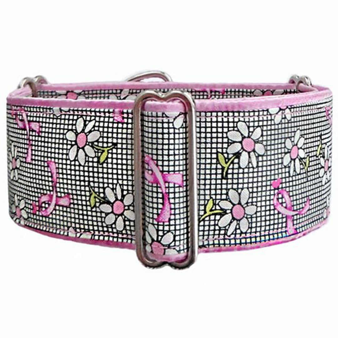 Pink Ribbon Dogs Pink Ribbon and Daisy Martingale Dog Collar. Adjustable Greyhound ...