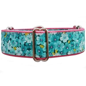 Teal floral martingale dog collar. Pretty petite pink and teal floral collar. Greyhound, whippet, sighthound collar! Unfrogettable!