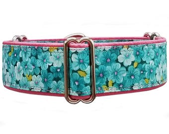 Teal Floral Martingale Dog Collar: Greyhound, Whippet, Sighthound