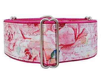 Martingale dog collar. Roses & Poetry floral. Adjustable dog collar, greyhound collar, whippet collar, doberman collar.