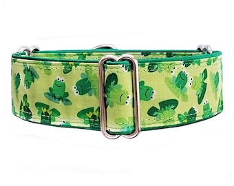 Green Frogs martingale dog collar!  Satin lined, custom made!